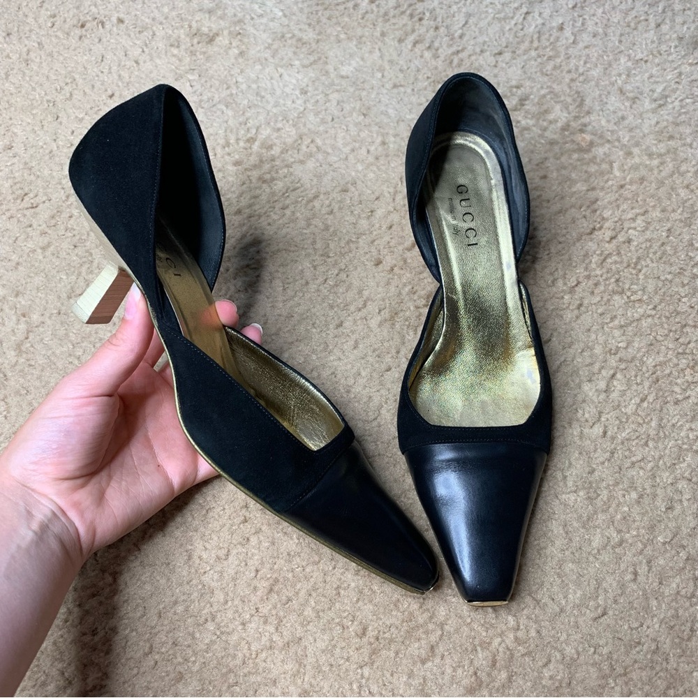 Gucci Black Pointed Toe D'Orsay Heels with Gold Insole 0556